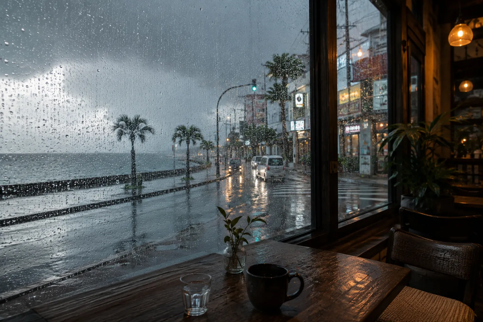 雨の日の沖縄をカフェの窓から眺める様子