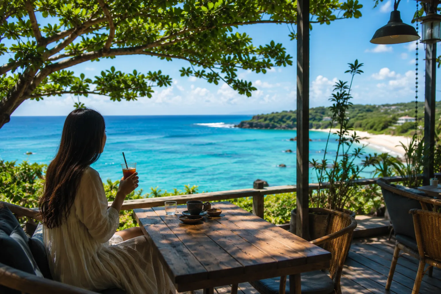 木陰のカフェで海を見ながら休憩する旅行者